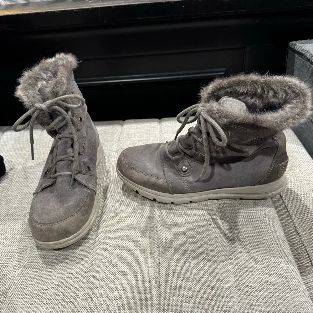 Sorel Explorer‎ Joan women's waterproof snow boots in gray suede 10